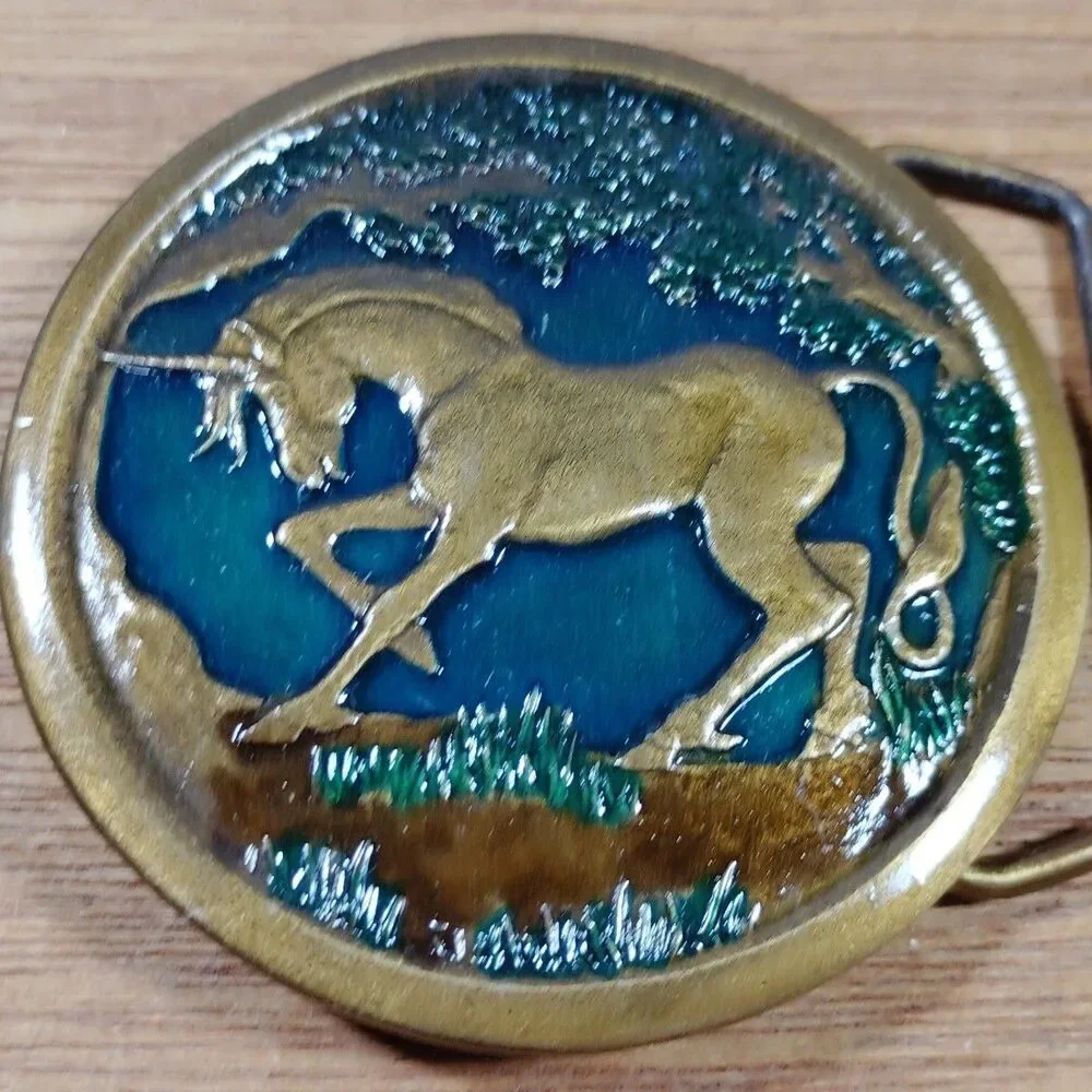Vintage 1976 Unicorn Brass Belt Buckle Indiana Metal Craft Dege Geen Enamel